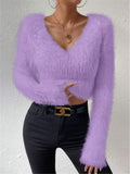 Fongt And Winter New Solid Color V-Neck Repair With Plush Short Lady Sweater