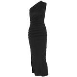 Fongt Summer New Oblique Shoulder Solid Color Open Slit Sleeveless Sexy Temperament Slim Dress