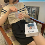 Fongt Version Of Chic Summer Small Casual Round-Coln Color Three-Dimensional Stripe Design Sense Loose Short-Sleeved Knitted T-Shirt
