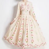 Fongt Temperament Long Sleeve Positioning Print Waist Swing Dress Female Senior Sense Thin Retro Long Dress