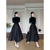 Fongt Fashion Suit Pure Color Shoulder Five-Sleeve Top In Autumn Waist French Black Dress