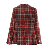 Women 2021 Fashion Double Breasted Tweed Check Blazers Coat Vintage Female Outerwear High Waist Skirt 2-piece