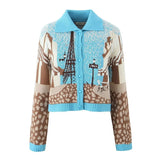 Fongt Women's New Color Print Short Long-Sleeved Knitted Cardigan Sweater 7297