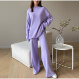 Fongt New Hot Pure Color Knitted Jacket High-Collar Sweater Set Loose Top + Pants Women