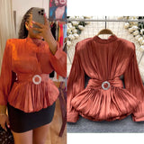 Fongt French-Style Waist-Low-Down Shirt Female Careful Machine Strap Design With A Chic Folded Lotus Leaves Hem French Top