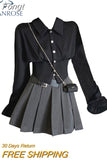 Women 2 Piece Sets Black vintage Gothic Chiffon Fishtail Shirt Sexy Skirt Female Slim Grey Pleated Skirts 2023 Autumn