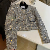 Heavy Sequins Starlight Silver Jackets Spring Long Sleeve Coat Women Y2k Grunge O-neck Single Breasted Tops Mujer-Outfit