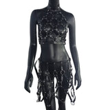 Women Body Harness PU Leather 2 Piece Set Black Camis Punk Adjustable Garter Belt Hollow Out Weaved Belt Backless