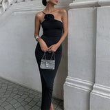 Fongt Women's Wear 2023 Summer New Sexy Show Back One Shoulder Pleated Slim Temperament Dress