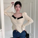 Temperament Black Collar Knitted Shirt 2025 Spring And Autumn New Open Fork Thin Short Bottom Long Sleeve