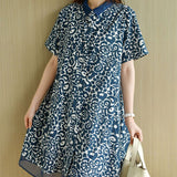 Vintage Printed Polo-Neck Straight Midi Casual Dresses Women's Clothing Short Sleeve Summer All-match Gauze Patchwork Dress-Outfit