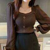 Fongt Bubble Sleeves Women's Long Sleeve Spring New Square Collar Knitted Shirt Dress Jacket Coat Jacket