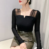 New Arrival Autumn TShirt Women Patched Mesh Square Collar Full Sleeve High Stretch Slim T-shirts Tops-Outfit