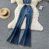 Fongt Hot Diamond Cowboy Suit Women's Summer Sleeveless Chest Vest + High-Waisted Denim Horn Trousers