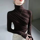 Women Turtleneck Full Sleeve Folds T Shirts Lady High Quality Elegant Elastic Tops Tees Female T-Shirt-Outfit