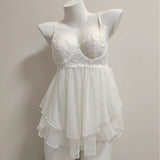 Fongt Sexy Lace Embroidered Pajamas Women Summer Small Breast With Steel Ring Pure Lust Wind Mesh Sling Sling Aja Skirt Set
