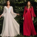 Women's Elegant Evening Party Dress Long Sleeve Sexy Deep V Neck White Floor Length Dresses Female Wedding Gowns Prom