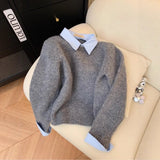 Fongt 2025 New Fake Two Shirt Collar Sweater Women With Lazy Wind Collared Gray Knitted Shirt Top