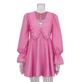 Fongt Women's Pink Checked Butterfly Collar Long-Sleeved Dress Temperament Fashion Design Sense A Line Skirt-Outfit