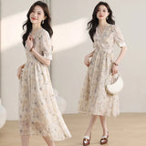 Fongt Wind Broken Flower Dress Women's Summer New Tea Break French High-Grade Feeling Thin V-Neck Long Dress