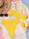 Solid Yellow Bikini 2021 Mujer Women High Cut Pleate Two Piece Swimsuit Beach Bathing Suit High Waist Swimwear