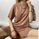 Loose Soft Sets Women 2021 New Casual Two Pieces Short Sleeve T Shirts and High Waist Shorts Solid Outfits