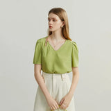 V-neck Women Shirt Bubble Sleeve Design Sense Solid Color Commute Chic Style Summer 2022 New Casual Female Blouses