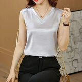 2021 Solid V-neck Loose Waist Satin Tops Fashion Women Silk Blouse Plus Size Elegant Sleeveless Satin Blouse Blusa