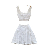 Fongt Girls Hollow Embroidery Suit Female Sling With Short Waist Vest + High-Waist A-Word Skirt Sexy Two
