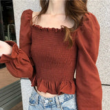 Ruffles Crop Top Women Pleated Blouse Sexy Square Collar Womens Tops And Blouses Puff Sleeve Ladies Clothes Blusas
