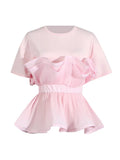 Fongt 2025 Fashion New Elegant Style Collar Folded Waist Splicing Design Sense Short-Sleeved Shirt