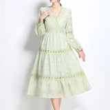Fongt Court Wind Shattered Flower Lantern Sleeve Dress Women's Spring New Hollow Hook Flower V Collar Light Luxury Temperament Long Dress