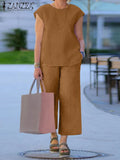 Holiday Matching Pants Sets ZANZEA 2022 Casual Sleeveless Blouses and Loow Pants Women Solid Sets Female kaftan