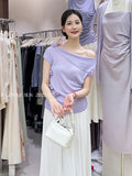 Fongt Xixi 13 Lines 2025 Summer New Temperament Ice Silk Bottom Knitted Flower Design Short-Sleeved T-Shirt 25D13