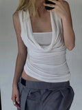 Fongt Hot Girls Fake Two Temperament Folded Backs And Collar Sleeveless T-Shirts Simple Thin Tops