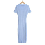New Spring Temperament Slim Polo Neckline Elastic Knitted Short-Sleeved Side Forked Dress-Outfit