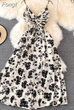 Women Beach Long Dress Summer Sexy V Neck Spaghetti Strap Backless Boho Floral Dresses Woman A-line High Waist Party