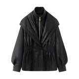 Fongt Summer New Fashion Temperament Fake Two Long Lantern Sleeve PU Leather Coat Woman