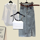 Streetwear Three Pieces Set For Women Slash Neck Vest+long Sleeve Sunscreen Shirt+high Waist Side Split Denim Skirts