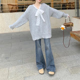 Fongt Type Advanced Feeling Catch Spell Lace Bow False Two Knit Sweater Female Autumn Dong New Style Languid Lazy Wind Bottom Sweater-Outfit