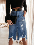 Fongt Autumn And Winter New Casual Bag Hip Skirt Tuxed Hole Cowboy Skirt Women's Dress Thin