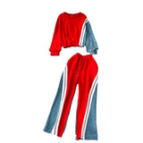 Fongt Denim Set Female Retro Casual Color Long-Sleeved Sweater Denim Spliced Broad Leg Pants Two Sets