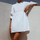Ruffles Elastic Waist Loose Straight White Mini Dresses Half Sleeve Shirt Dress 2020 Summer Fashion Woman Boho