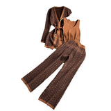 Fongt Suit Female Casual Temperament V Collar Waist Belt Knit Cardigan Jacket Three Piece Set High Waist Wide Leg Pants-Outfit
