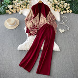 Fongt Temperament Bottom Half-High Collar Sweater + Printed Knitted Shawl Jacket + High Waist Lanky Trousers Three-Piece Set