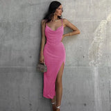 Summer Hot Sexy Solid Spaghetti Strap Backless Midi Dress Casual Evening Party Sexy V-Neck Split Folds