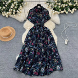 Fongt Niche High-End Light Style Single Row Buckle Short-Sleeved Printed Shirt Dress Female Magenta Vintage Chiffon Dress
