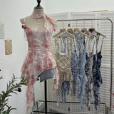 Fongt Shooting Retro Tie-Dye-Print Mesh Sling Sling Sling Vest Irregular Lotus Leaf Edge Ribbon Sleeveless Top 1185