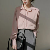 Women Vintage Solid White Shirt With Pockets Long Sleeve Korean Style Casual Chiffon Blouse Spring Office Lady Basic