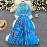 Fongt Women's Niche Elegant Dress New Hollow Nail Ball Neck-To-Celing Waist-Print Folding Long Skirt